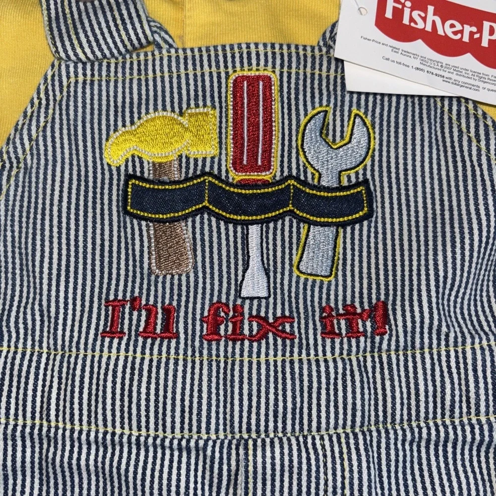 Vintage Fisher Price Baby Boys 6-9M Construction Truck Shirt Shortalls NWT